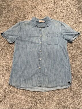 TOPMAN Light Blue Denim Short-Sleeve Shirt - Casual Button-Up Size XL